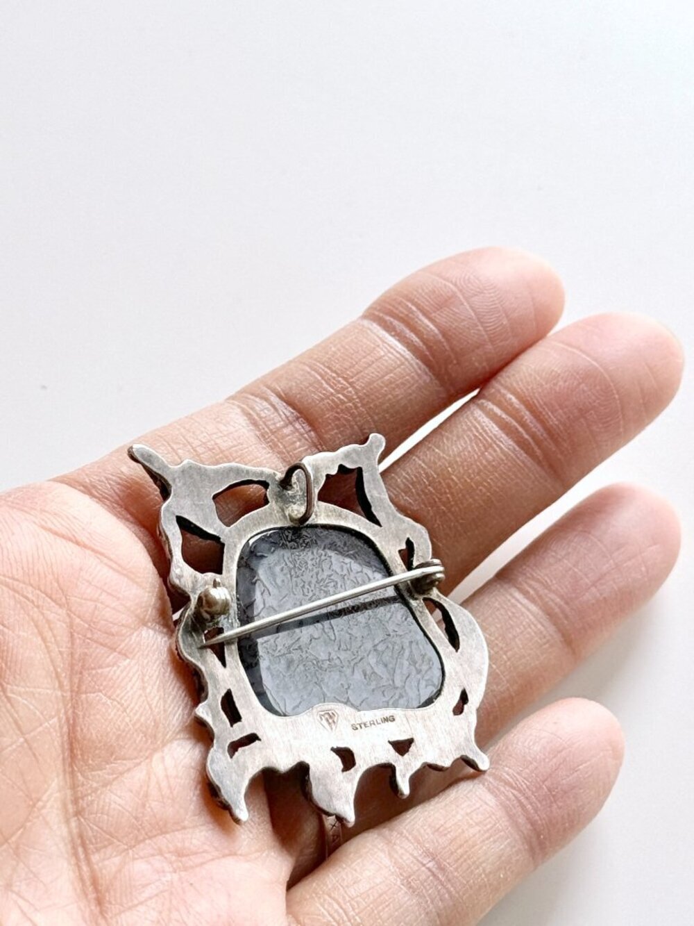 Vintage MK Sterling Silver Brutalist Modernist Purple Agate Brooch Pendant - Picture 9 of 15